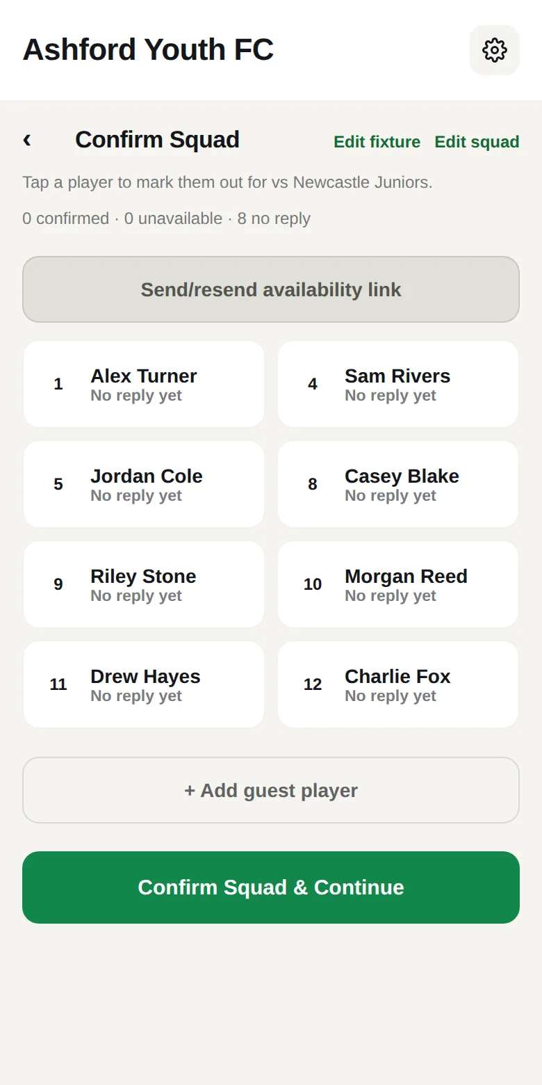 Coach App confirm squad screen showing each player's availability status: available, not available or no reply yet