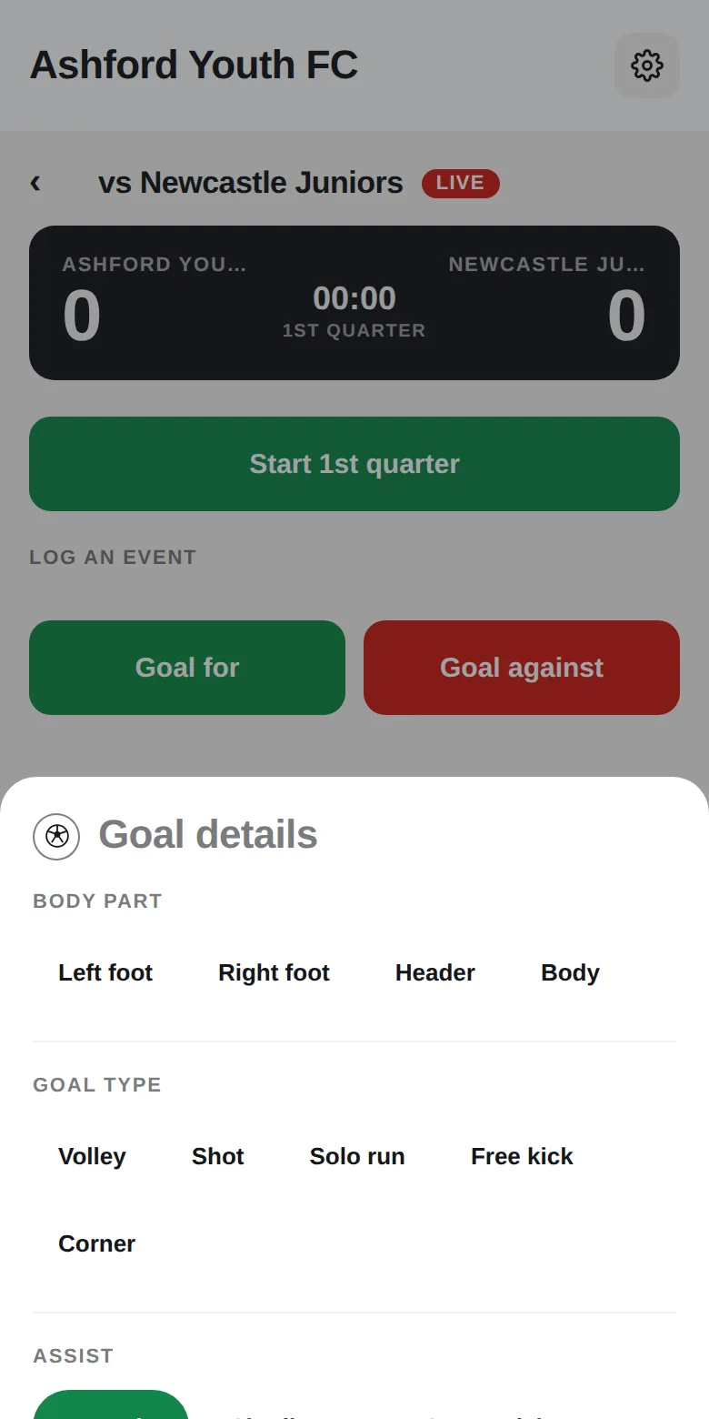 Coach App live match goal details sheet showing body part, goal type and assist selection